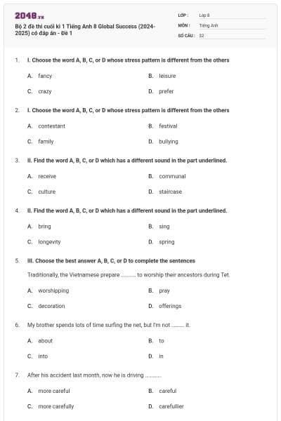 Bộ 2 đề thi cuối kì 1 Tiếng Anh 8 Global Success (2024-2025) có đáp án - Đề 1