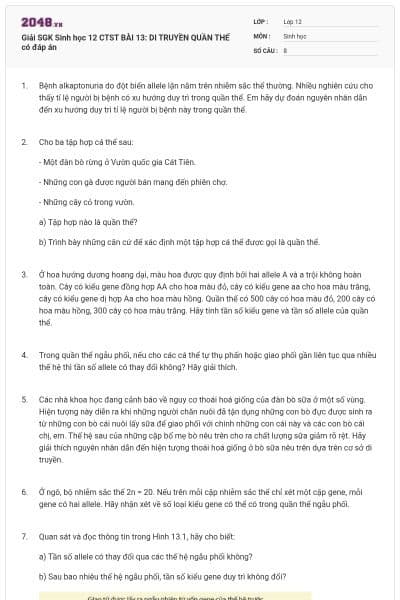 Giải SGK Sinh học 12 CTST BÀI 13: DI TRUYỀN QUẦN THỂ có đáp án