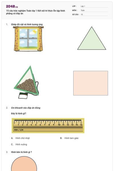 15 câu trắc nghiệm Toán lớp 1 Kết nối tri thức Ôn tập hình phẳng có đáp án