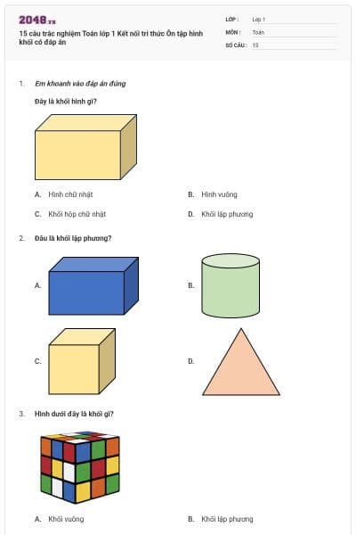 15 câu trắc nghiệm Toán lớp 1 Kết nối tri thức Ôn tập hình khối có đáp án