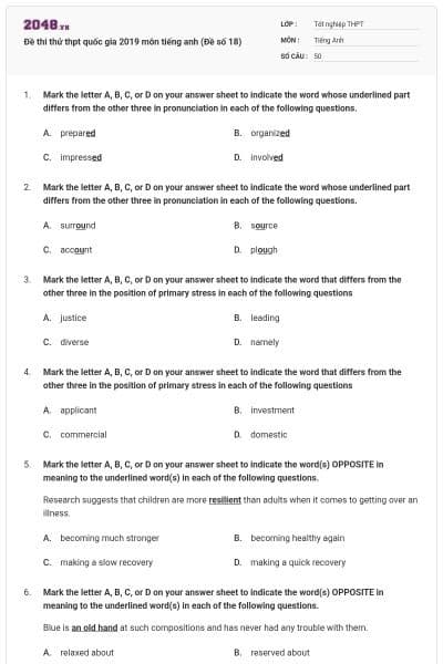 Đề thi thử thpt quốc gia 2019 môn tiếng anh (Đề số 18)