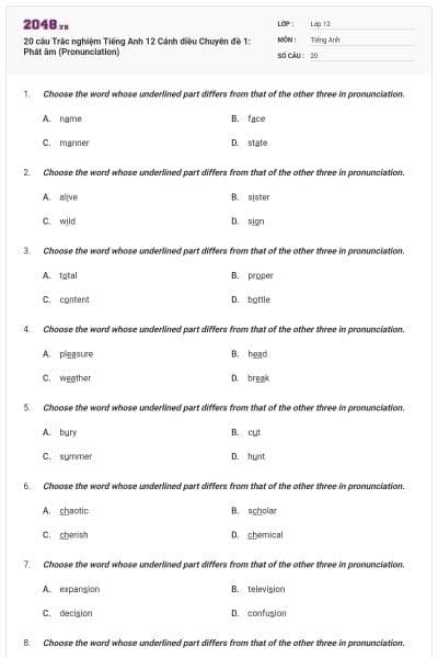 20 câu Trắc nghiệm Tiếng Anh 12 Cánh diều Chuyên đề 1: Phát âm (Pronunciation)