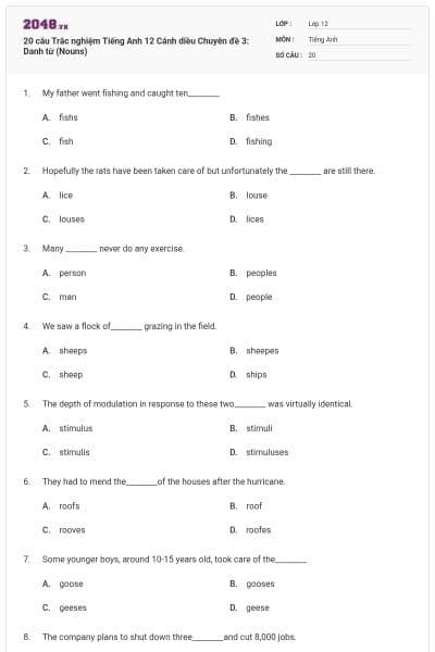 20 câu Trắc nghiệm Tiếng Anh 12 Cánh diều Chuyên đề 3: Danh từ (Nouns)
