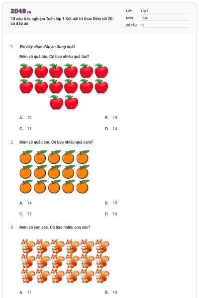 13 câu trắc nghiệm Toán lớp 1 Kết nối tri thức Đếm tới 20 có đáp án