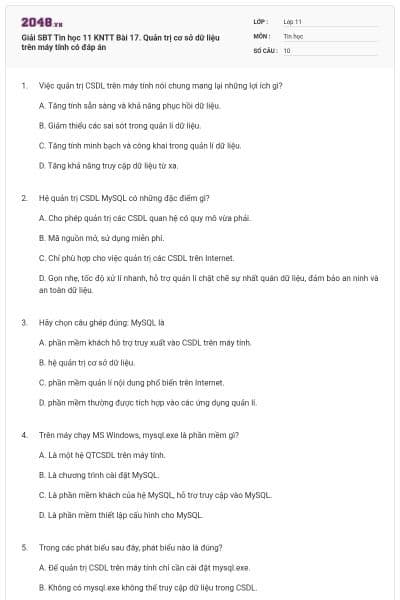 Giải SBT Tin học 11 KNTT Bài 17. Quản trị cơ sở dữ liệu trên máy tính có đáp án
