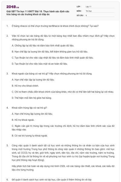 Giải SBT Tin học 11 KNTT Bài 18. Thực hành xác định cấu trúc bảng và các trường khoá  có đáp án