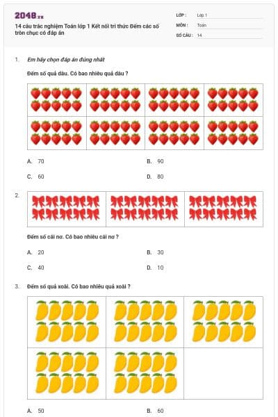 14 câu trắc nghiệm Toán lớp 1 Kết nối tri thức Đếm các số tròn chục có đáp án