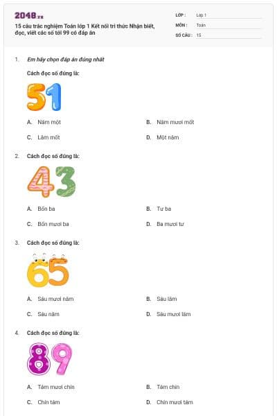 15 câu trắc nghiệm Toán lớp 1 Kết nối tri thức Nhận biết, đọc, viết các số tới 99 có đáp án