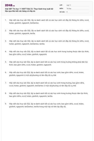 Giải SBT Tin học 11 KNTT Bài 23. Thực hành truy xuất dữ liệu qua liên kết các bảng có đáp án