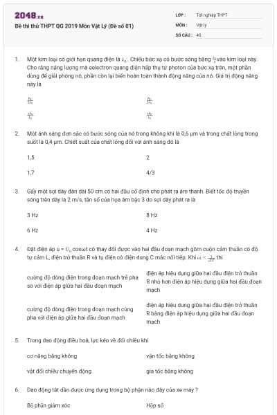 Đề thi thử THPT QG 2019 Môn Vật Lý (Đề số 01)