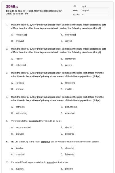 Bộ 5 đề thi cuối kì 1 Tiếng Anh 9 Global success (2024-2025) có đáp án - Đề 1