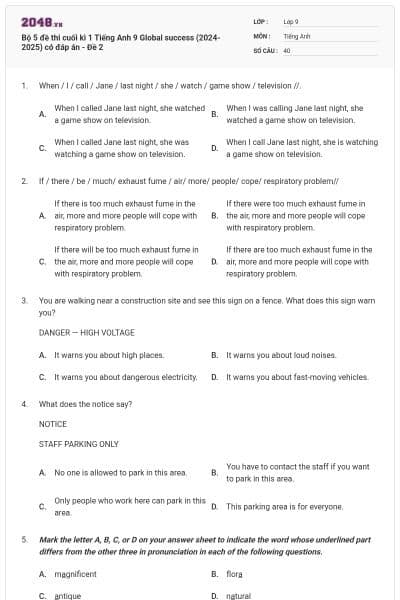 Bộ 5 đề thi cuối kì 1 Tiếng Anh 9 Global success (2024-2025) có đáp án - Đề 2