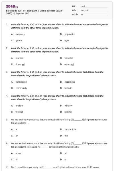 Bộ 5 đề thi cuối kì 1 Tiếng Anh 9 Global success (2024-2025) có đáp án - Đề 3