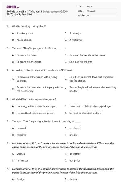 Bộ 5 đề thi cuối kì 1 Tiếng Anh 9 Global success (2024-2025) có đáp án - Đề 4
