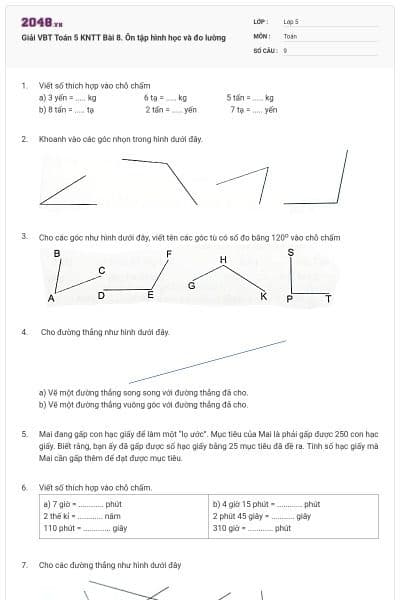 Giải VBT Toán 5 KNTT Bài 8. Ôn tập hình học và đo lường