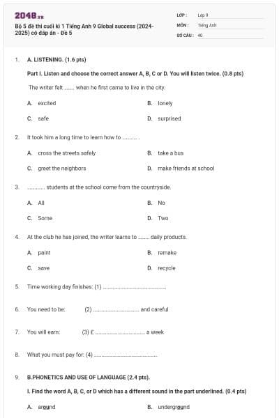 Bộ 5 đề thi cuối kì 1 Tiếng Anh 9 Global success (2024-2025) có đáp án - Đề 5