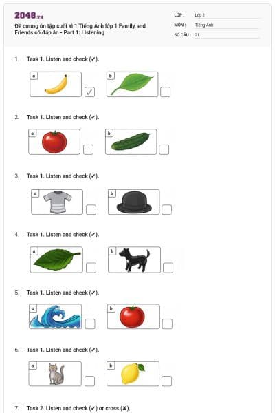 Đề cương ôn tập cuối kì 1 Tiếng Anh lớp 1 Family and Friends có đáp án - Part 1: Listening