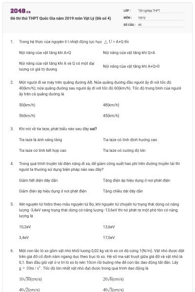 Đề thi thử THPT Quốc Gia năm 2019 môn Vật Lý (Đề số 4)