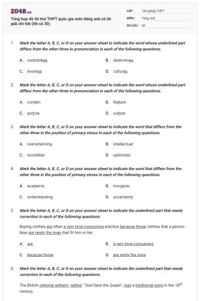 Tổng hợp đề thi thử THPT quốc gia môn tiếng anh có lời giải chi tiết (Đề số 30)