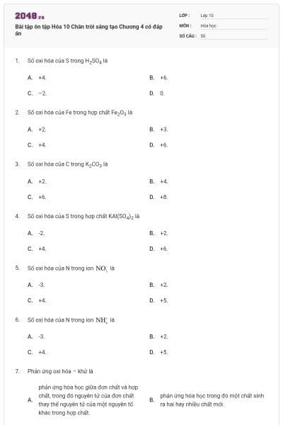 Bài tập ôn tập Hóa 10 Chân trời sáng tạo Chương 4 có đáp án