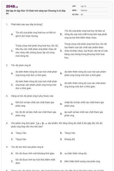 Bài tập ôn tập Hóa 10 Chân trời sáng tạo Chương 6 có đáp án