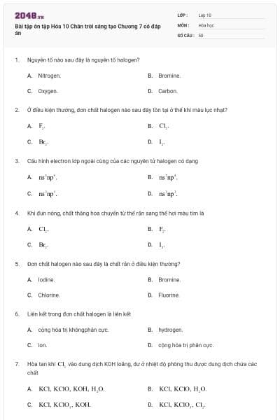 Bài tập ôn tập Hóa 10 Chân trời sáng tạo Chương 7 có đáp án
