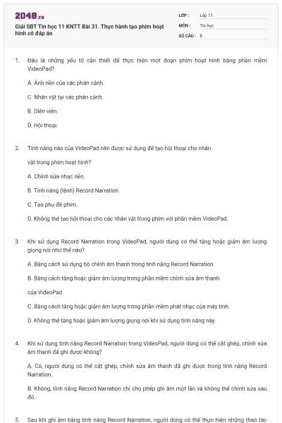 Giải SBT Tin học 11 KNTT Bài 31. Thực hành tạo phim hoạt hình có đáp án