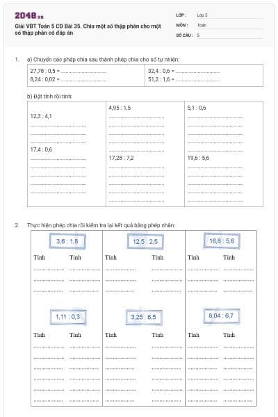 Giải VBT Toán 5 CD Bài 35. Chia một số thập phân cho một số thập phân có đáp án
