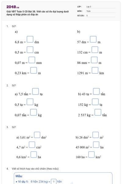 Giải VBT Toán 5 CD Bài 38. Viết các số đo đại lượng dưới dạng số thập phân có đáp án