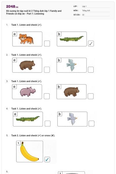 Đề cương ôn tập cuối kì 2 Tiếng Anh lớp 1 Family and Friends có đáp án - Part 1: Listening