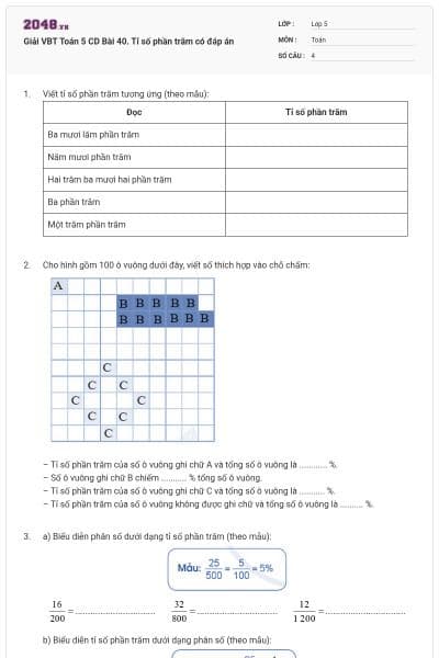 Giải VBT Toán 5 CD Bài 40. Tỉ số phần trăm có đáp án