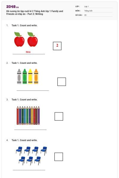 Đề cương ôn tập cuối kì 2 Tiếng Anh lớp 1 Family and Friends có đáp án - Part 3: Writing