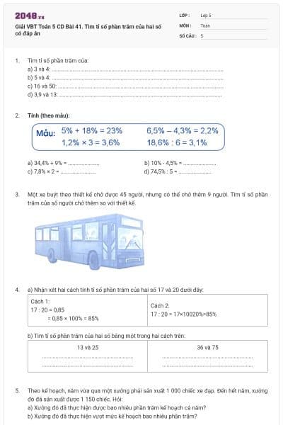 Giải VBT Toán 5 CD Bài 41. Tìm tỉ số phần trăm của hai số có đáp án