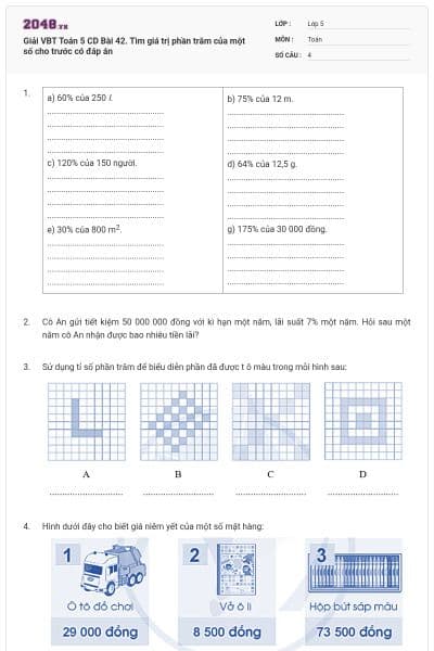 Giải VBT Toán 5 CD Bài 42. Tìm giá trị phần trăm của một số cho trước có đáp án