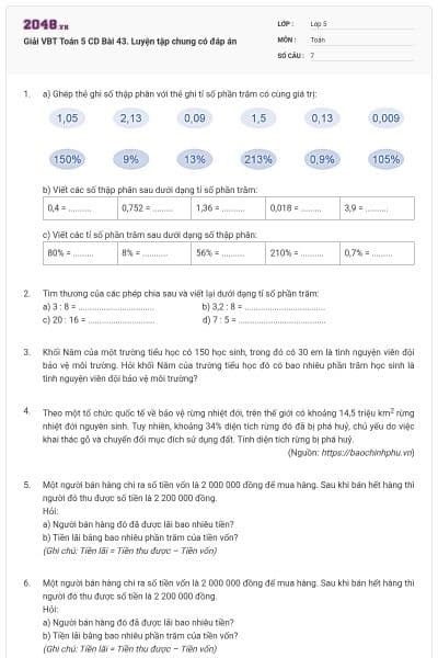 Giải VBT Toán 5 CD Bài 43. Luyện tập chung có đáp án