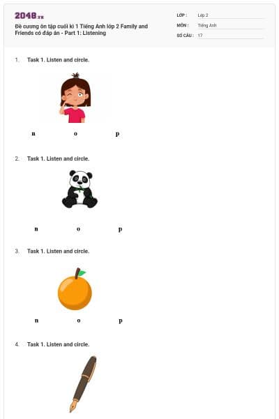 Đề cương ôn tập cuối kì 1 Tiếng Anh lớp 2 Family and Friends có đáp án - Part 1: Listening