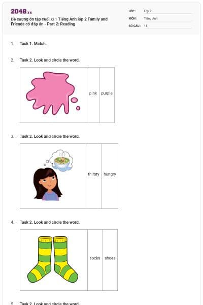 Đề cương ôn tập cuối kì 1 Tiếng Anh lớp 2 Family and Friends có đáp án - Part 2: Reading