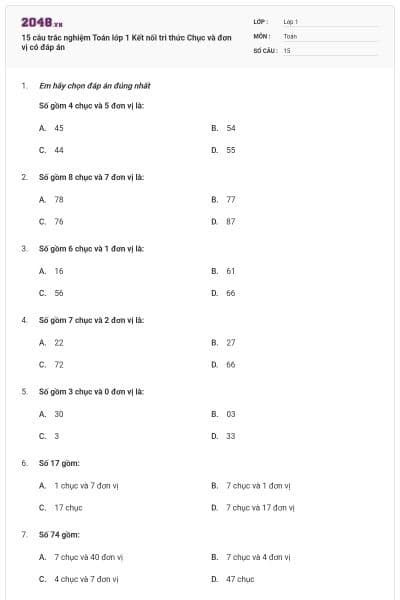 15 câu trắc nghiệm Toán lớp 1 Kết nối tri thức Chục và đơn vị có đáp án