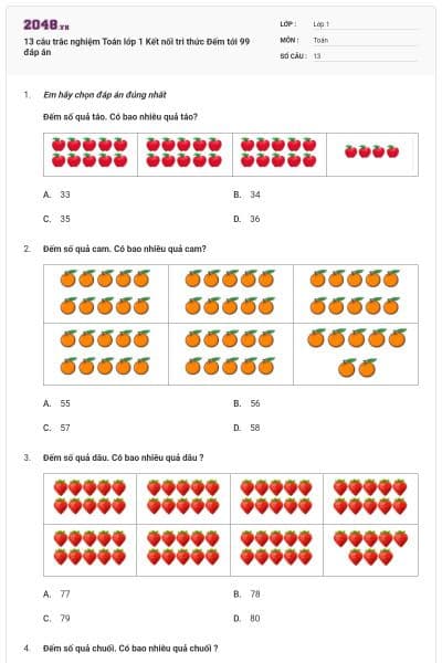 13 câu trắc nghiệm Toán lớp 1 Kết nối tri thức Đếm tới 99 đáp án