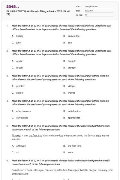 Đề thi thử THPT Quốc Gia môn Tiếng anh năm 2020 (Đề số 21)