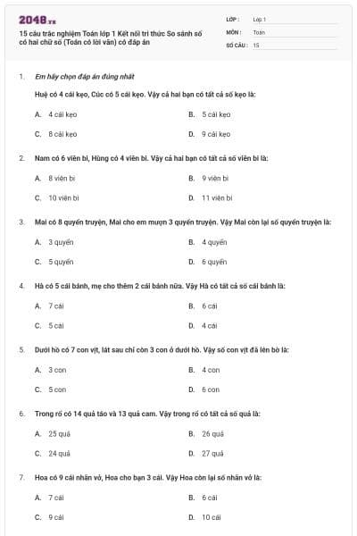 15 câu trắc nghiệm Toán lớp 1 Kết nối tri thức So sánh số có hai chữ số (Toán có lời văn) có đáp án