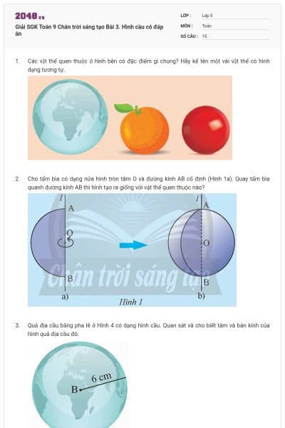 Giải SGK Toán 9 Chân trời sáng tạo Bài 3. Hình cầu có đáp án