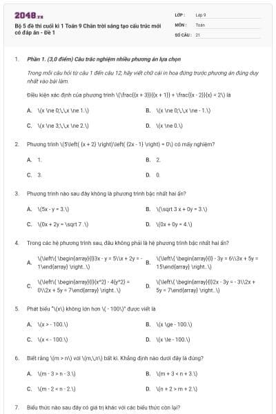 Bộ 5 đề thi cuối kì 1 Toán 9 Chân trời sáng tạo cấu trúc mới có đáp án - Đề 1
