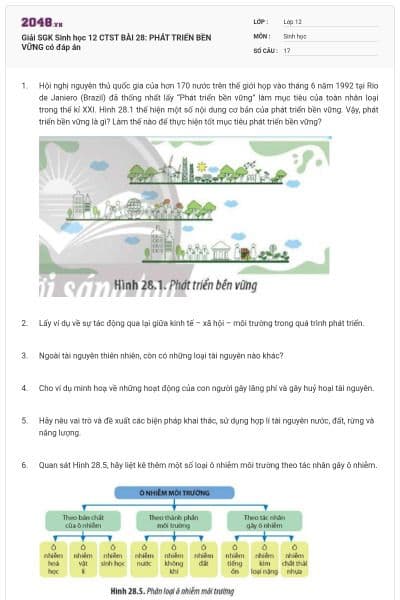 Giải SGK Sinh học 12 CTST BÀI 28: PHÁT TRIỂN BỀN VỮNG có đáp án