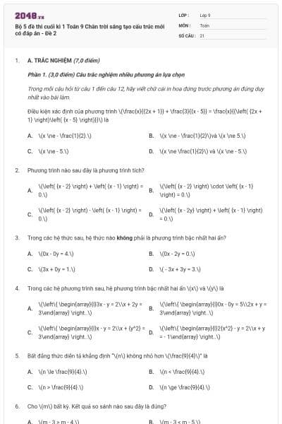 Bộ 5 đề thi cuối kì 1 Toán 9 Chân trời sáng tạo cấu trúc mới có đáp án - Đề 2