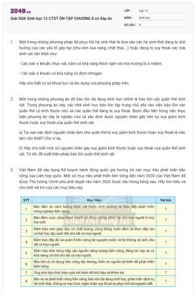 Giải SGK Sinh học 12 CTST ÔN TẬP CHƯƠNG 8 có đáp án