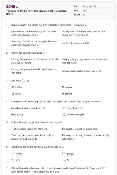Tổng hợp đề thi thử THPT Quốc Gia môn Vật Lí năm 2020 (Đề 1)