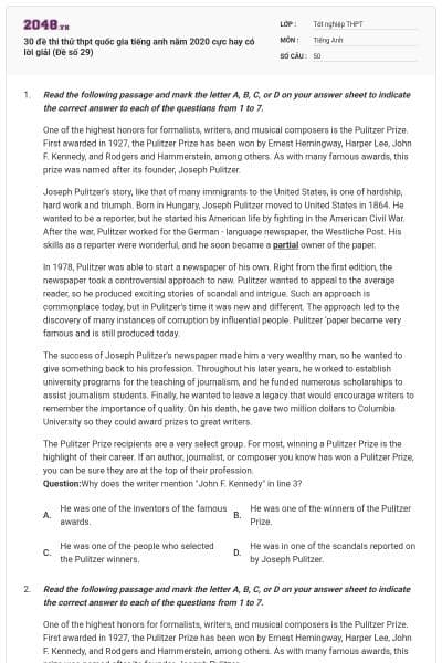 30 đề thi thử thpt quốc gia tiếng anh năm 2020 cực hay có lời giải (Đề số 29)