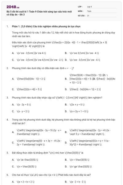 Bộ 5 đề thi cuối kì 1 Toán 9 Chân trời sáng tạo cấu trúc mới có đáp án - Đề 3