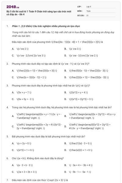 Bộ 5 đề thi cuối kì 1 Toán 9 Chân trời sáng tạo cấu trúc mới có đáp án - Đề 4